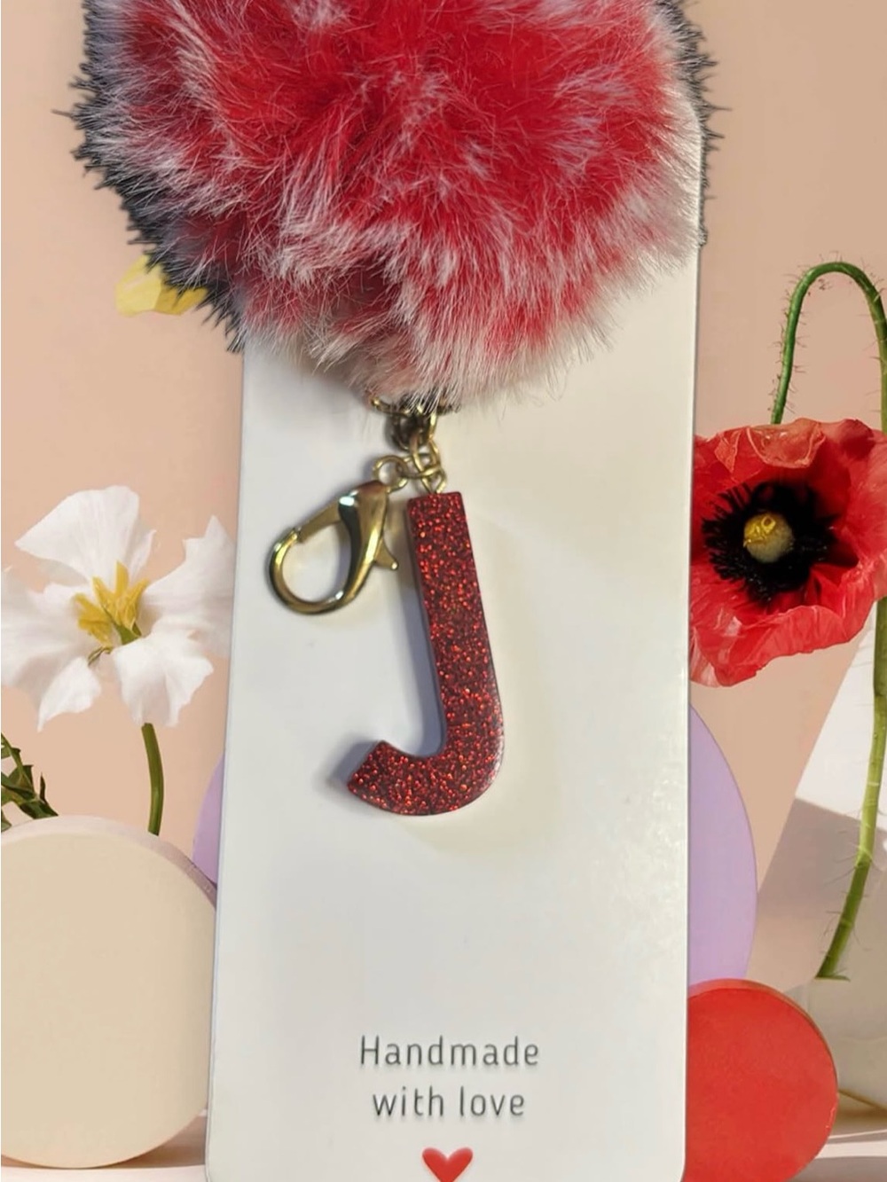 Red Glitter 'J' Pom Keychain Charm